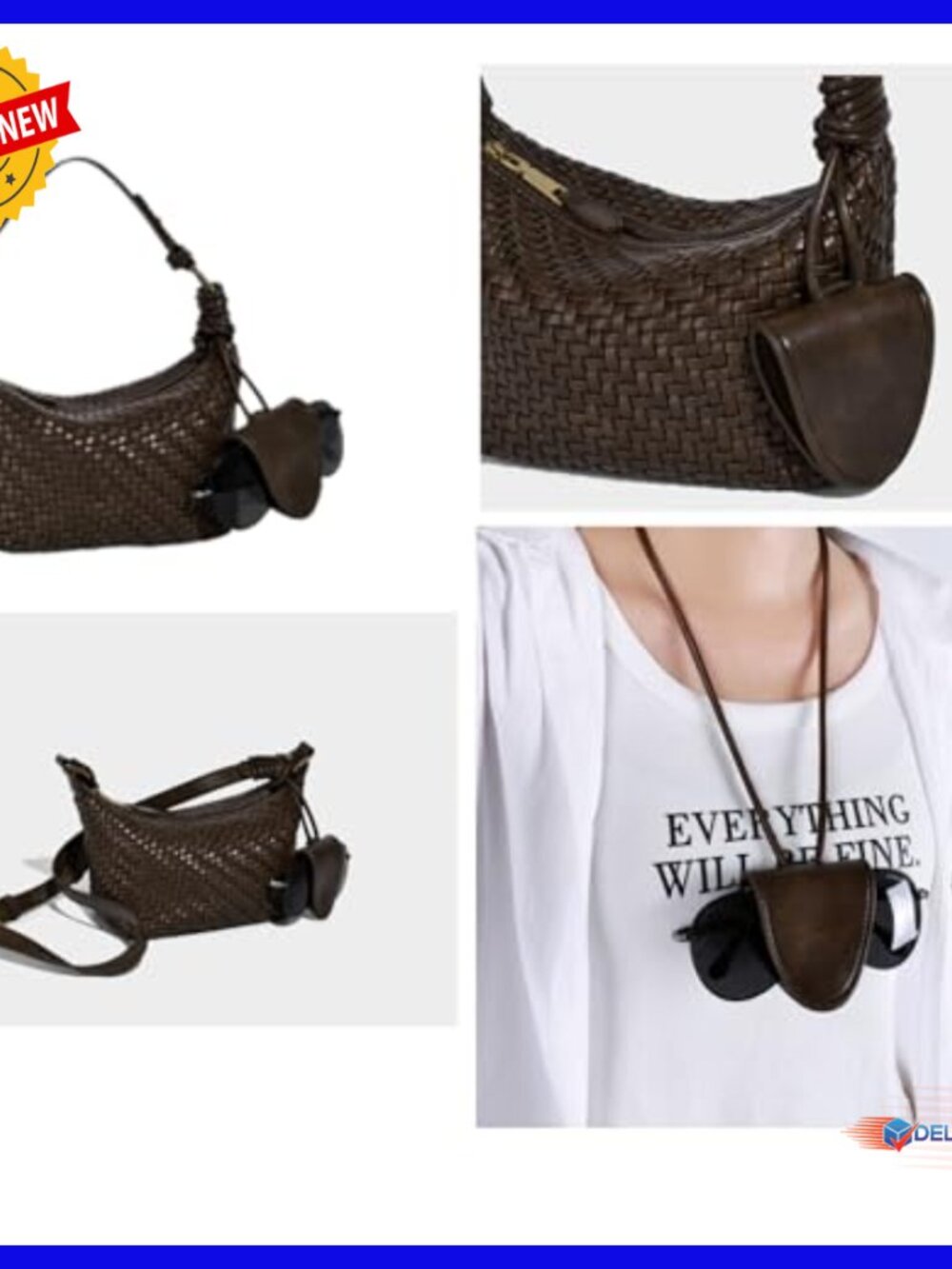 Handwoven Leather Hobo Crossbody Bag, Adjustable Strap, Zippered Compartment - Picture 2 of 6